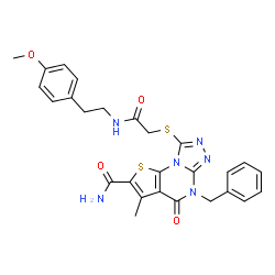 ChemSpider 2D Image | 5-Benzyl-8-[(2-{[2-(4-methoxyphenyl)ethyl]amino}-2-oxoethyl)sulfanyl]-3-methyl-4-oxo-4,5-dihydrothieno[3,2-e][1,2,4]triazolo[4,3-a]pyrimidine-2-carboxamide | C27H26N6O4S2