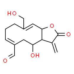ChemSpider 2D Image | (6E)-4-Hydroxy-10-(hydroxymethyl)-3-methylene-2-oxo-2,3,3a,4,5,8,9,11a-octahydrocyclodeca[b]furan-6-carbaldehyde | C15H18O5