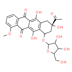 ChemSpider 2D Image | (1R)-3-Acetyl-3,5,12-trihydroxy-10-methoxy-6,11-dioxo-1,2,3,4,6,11-hexahydro-1-tetracenyl pentofuranoside | C26H26O12