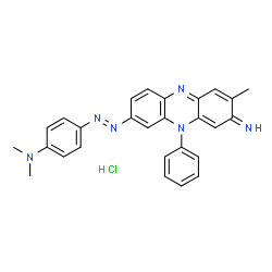 ChemSpider 2D Image | 4-[(E)-(8-Imino-7-methyl-10-phenyl-8,10-dihydro-2-phenazinyl)diazenyl]-N,N-dimethylaniline hydrochloride (1:1) | C27H25ClN6