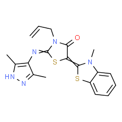 ChemSpider 2D Image | 3-Allyl-2-[(3,5-dimethyl-1H-pyrazol-4-yl)imino]-5-(3-methyl-1,3-benzothiazol-2(3H)-ylidene)-1,3-thiazolidin-4-one | C19H19N5OS2