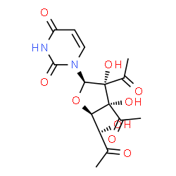 ChemSpider 2D Image | 1-{(2R,3R,4R,5R)-3,4-Diacetyl-3,4-dihydroxy-5-[(1S)-1-hydroxy-2-oxopropyl]tetrahydro-2-furanyl}-2,4(1H,3H)-pyrimidinedione | C15H18N2O9