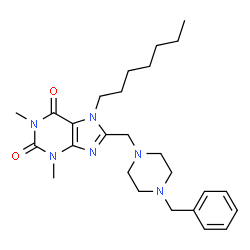ChemSpider 2D Image | 8-[(4-Benzyl-1-piperazinyl)methyl]-7-heptyl-1,3-dimethyl-3,7-dihydro-1H-purine-2,6-dione | C26H38N6O2