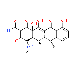 ChemSpider 2D Image | (1S,4aR,11R,11aS,12R,12aR)-3-Carbamoyl-1-(dimethylammonio)-4a,5,7,12-tetrahydroxy-11-methyl-4,6-dioxo-1,4,4a,6,11,11a,12,12a-octahydro-2-tetracenolate | C22H24N2O8