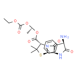 ChemSpider 2D Image | (1S)-1-[(Ethoxycarbonyl)oxy]ethyl (2S,5R,6R)-6-{[(2R)-2-amino-2-phenylacetyl]amino}-3,3-dimethyl-7-oxo-4-thia-1-azabicyclo[3.2.0]heptane-2-carboxylate | C21H27N3O7S