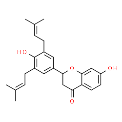 ChemSpider 2D Image | 7-Hydroxy-2-[4-hydroxy-3,5-bis(3-methyl-2-buten-1-yl)phenyl]-2,3-dihydro-4H-chromen-4-one | C25H28O4