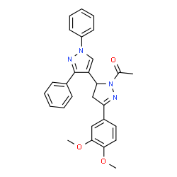 ChemSpider 2D Image | 1-[5-(3,4-Dimethoxyphenyl)-1',3'-diphenyl-3,4-dihydro-1'H,2H-3,4'-bipyrazol-2-yl]ethanone | C28H26N4O3