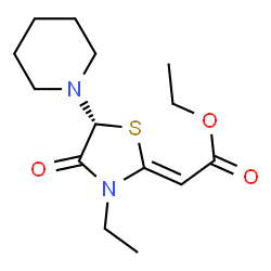 ChemSpider 2D Image | Ethyl (2Z)-[(5R)-3-ethyl-4-oxo-5-(1-piperidinyl)-1,3-thiazolidin-2-ylidene]acetate | C14H22N2O3S
