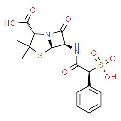 ChemSpider 2D Image | (2S,5R,6R)-3,3-Dimethyl-7-oxo-6-{[(2S)-2-phenyl-2-sulfoacetyl]amino}-4-thia-1-azabicyclo[3.2.0]heptane-2-carboxylic acid | C16H18N2O7S2