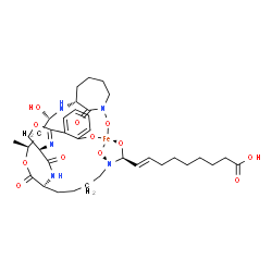 ChemSpider 2D Image | [(8E,10S)-10-(Hydroxy-kappaO)-10-[(hydroxy-kappaO){(5S)-6-{[(2S,4S)-4-hydroxy-4-{[(3R)-1-(hydroxy-kappaO)-2-oxo-3-azepanyl]amino}-2-butanyl]oxy}-5-[({(4R)-2-[2-(hydroxy-kappaO)phenyl]-4,5-dihydro-1,3-
oxazol-4-yl}carbonyl)amino]-6-oxohexyl}amino]-8-decenoato(4-)]iron | C36H51FeN5O12