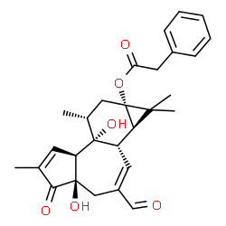 ChemSpider 2D Image | (1aR,1bS,4aR,7aS,7bR,8R,9aS)-3-Formyl-4a,7b-dihydroxy-1,1,6,8-tetramethyl-5-oxo-1,1a,1b,4,4a,5,7a,7b,8,9-decahydro-9aH-cyclopropa[3,4]benzo[1,2-e]azulen-9a-yl phenylacetate | C28H32O6