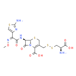 ChemSpider 2D Image | (6S,7R)-3-({[(2R)-2-Amino-2-carboxyethyl]disulfanyl}methyl)-7-{[(2Z)-2-(2-amino-1,3-thiazol-4-yl)-2-(methoxyimino)acetyl]amino}-8-oxo-5-thia-1-azabicyclo[4.2.0]oct-2-ene-2-carboxylic acid | C17H20N6O7S4