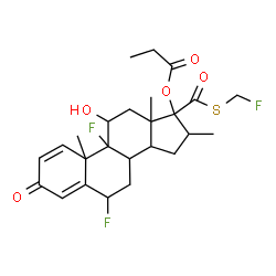 ChemSpider 2D Image | 6,9-Difluoro-17-{[(fluoromethyl)sulfanyl]carbonyl}-11-hydroxy-16-methyl-3-oxoandrosta-1,4-dien-17-yl propionate | C25H31F3O5S