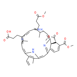 ChemSpider 2D Image | 3-[(23S,24R)-22,23-Bis(methoxycarbonyl)-5-(3-methoxy-3-oxopropyl)-4,10,15,24-tetramethyl-14-vinyl-25,26,27,28-tetraazahexacyclo[16.6.1.1~3,6~.1~8,11~.1~13,16~.0~19,24~]octacosa-1,3,5,7,9,11(27),12,14,
16,18(25),19,21-dodecaen-9-yl]propanoic acid | C41H42N4O8