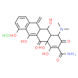 ChemSpider 2D Image | 4-(Dimethylamino)-1,5,10,11,12a-pentahydroxy-6-methylene-3,12-dioxo-3,4,4a,5,5a,6,12,12a-octahydro-2-tetracenecarboxamide hydrochloride (1:1) | C22H23ClN2O8