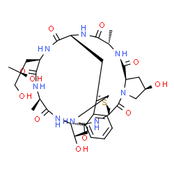 ChemSpider 2D Image | (1R,14S,18R,20R,23S,28R,31R,34S)-28-[(2S)-2,3-Dihydroxy-2-methylpropyl]-18-hydroxy-34-[(1S)-1-hydroxyethyl]-23,31-dimethyl-12-thia-10,16,22,25,27,30,33,36-octaazapentacyclo[12.11.11.0~3,11~.0~4,9~.0~1
6,20~]hexatriaconta-3(11),4,6,8-tetraene-15,21,24,26,29,32,35-heptone | C35H48N8O11S