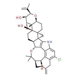 ChemSpider 2D Image | (2R,3S,3aR,4aR,4bR,6aS,7R,7dS,8R,9aR,14bS,14cS,16aS)-12-Chloro-2-isopropenyl-14b,14c,17,17-tetramethyl-10-methylene-3,3a,6,6a,7,8,9,9a,10,11,14,14b,14c,15,16,16a-hexadecahydro-2H,4bH-7,8-(epoxymethano
)cyclobuta[5,6]benzo[1,2-e]oxireno[4',4a']chromeno[5',6':6,7]indeno[1,2-b]indole-3,4b,7d(5H)-triol | C37H44ClNO6