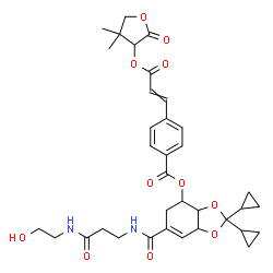 ChemSpider 2D Image | 2,2-Dicyclopropyl-6-({3-[(2-hydroxyethyl)amino]-3-oxopropyl}carbamoyl)-3a,4,5,7a-tetrahydro-1,3-benzodioxol-4-yl 4-{3-[(4,4-dimethyl-2-oxotetrahydro-3-furanyl)oxy]-3-oxo-1-propen-1-yl}benzoate | C35H42N2O11