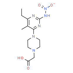 ChemSpider 2D Image | {4-[6-Ethyl-5-methyl-2-(nitroamino)-4-pyrimidinyl]-1-piperazinyl}acetic acid | C13H20N6O4