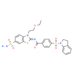 ChemSpider 2D Image | 4-(2,3-Dihydro-1H-indol-1-ylsulfonyl)-N-[(2Z)-3-(2-ethoxyethyl)-6-sulfamoyl-1,3-benzothiazol-2(3H)-ylidene]benzamide | C26H26N4O6S3