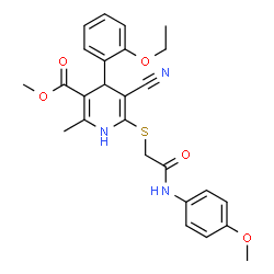 ChemSpider 2D Image | Methyl 5-cyano-4-(2-ethoxyphenyl)-6-({2-[(4-methoxyphenyl)amino]-2-oxoethyl}sulfanyl)-2-methyl-1,4-dihydro-3-pyridinecarboxylate | C26H27N3O5S