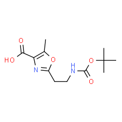 ChemSpider 2D Image | 5-Methyl-2-[2-({[(2-methyl-2-propanyl)oxy]carbonyl}amino)ethyl]-1,3-oxazole-4-carboxylic acid | C12H18N2O5