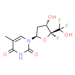 ChemSpider 2D Image | 1-{(2R,4S,5R)-5-[Difluoro(hydroxy)methyl]-5-fluoro-4-hydroxytetrahydro-2-furanyl}-5-methyl-2,4(1H,3H)-pyrimidinedione | C10H11F3N2O5