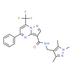 ChemSpider 2D Image | 5-Phenyl-7-(trifluoromethyl)-N-[(1,3,5-trimethyl-1H-pyrazol-4-yl)methyl]pyrazolo[1,5-a]pyrimidine-3-carboxamide | C21H19F3N6O