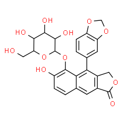ChemSpider 2D Image | 4-(1,3-Benzodioxol-5-yl)-6-hydroxy-1-oxo-1,3-dihydronaphtho[2,3-c]furan-5-yl hexopyranoside | C25H22O11