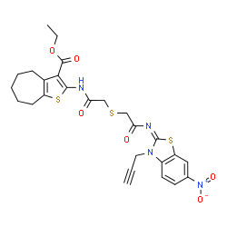 ChemSpider 2D Image | Ethyl 2-({[(2-{(E)-[6-nitro-3-(2-propyn-1-yl)-1,3-benzothiazol-2(3H)-ylidene]amino}-2-oxoethyl)sulfanyl]acetyl}amino)-5,6,7,8-tetrahydro-4H-cyclohepta[b]thiophene-3-carboxylate | C26H26N4O6S3