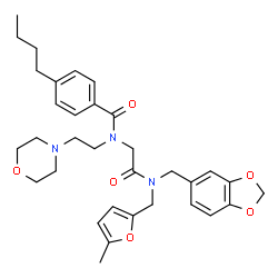 ChemSpider 2D Image | N-(2-{(1,3-Benzodioxol-5-ylmethyl)[(5-methyl-2-furyl)methyl]amino}-2-oxoethyl)-4-butyl-N-[2-(4-morpholinyl)ethyl]benzamide | C33H41N3O6