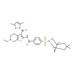 ChemSpider 2D Image | N-{3-[(3,5-Dimethyl-1H-pyrazol-1-yl)carbonyl]-6-ethyl-4,5,6,7-tetrahydrothieno[2,3-c]pyridin-2-yl}-4-[(1,3,3-trimethyl-6-azabicyclo[3.2.1]oct-6-yl)sulfonyl]benzamide | C32H41N5O4S2