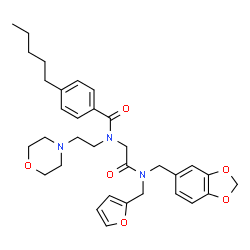 ChemSpider 2D Image | N-{2-[(1,3-Benzodioxol-5-ylmethyl)(2-furylmethyl)amino]-2-oxoethyl}-N-[2-(4-morpholinyl)ethyl]-4-pentylbenzamide | C33H41N3O6