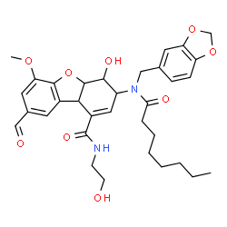 ChemSpider 2D Image | 3-[(1,3-Benzodioxol-5-ylmethyl)(octanoyl)amino]-8-formyl-4-hydroxy-N-(2-hydroxyethyl)-6-methoxy-3,4,4a,9b-tetrahydrodibenzo[b,d]furan-1-carboxamide | C33H40N2O9