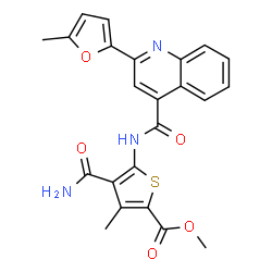ChemSpider 2D Image | Methyl 4-carbamoyl-3-methyl-5-({[2-(5-methyl-2-furyl)-4-quinolinyl]carbonyl}amino)-2-thiophenecarboxylate | C23H19N3O5S