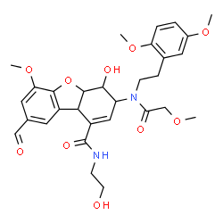 ChemSpider 2D Image | 3-{[2-(2,5-Dimethoxyphenyl)ethyl](methoxyacetyl)amino}-8-formyl-4-hydroxy-N-(2-hydroxyethyl)-6-methoxy-3,4,4a,9b-tetrahydrodibenzo[b,d]furan-1-carboxamide | C30H36N2O10