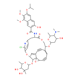 ChemSpider 2D Image | N-[(3R)-6-Chloro-24-[(2,6-dideoxy-3-C-methylhexopyranosyl)oxy]-11-oxo-14-{[2,4,6-trideoxy-4-(dimethylamino)hexopyranosyl]oxy}-4,12,20-trioxa-7-azapentacyclo[13.6.2.2~5,8~.1~3,21~.0~19,21~]hexacosa-1,5
,7,15,25-pentaene-17,22-diyn-10-yl]-3-hydroxy-6-isopropoxy-7,8-dimethoxy-2-naphthamide | C53H60ClN3O16