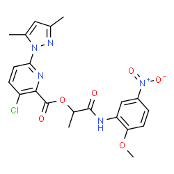 ChemSpider 2D Image | 1-[(2-Methoxy-5-nitrophenyl)amino]-1-oxo-2-propanyl 3-chloro-6-(3,5-dimethyl-1H-pyrazol-1-yl)-2-pyridinecarboxylate | C21H20ClN5O6