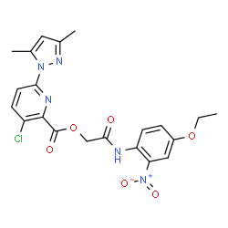 ChemSpider 2D Image | 2-[(4-Ethoxy-2-nitrophenyl)amino]-2-oxoethyl 3-chloro-6-(3,5-dimethyl-1H-pyrazol-1-yl)-2-pyridinecarboxylate | C21H20ClN5O6
