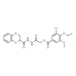 ChemSpider 2D Image | 2-[2-(2,3-Dihydro-1,4-benzodioxin-2-ylcarbonyl)hydrazino]-2-oxoethyl 3-chloro-4-ethoxy-5-methoxybenzoate | C21H21ClN2O8