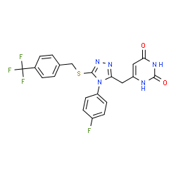 ChemSpider 2D Image | 6-{[4-(4-Fluorophenyl)-5-{[4-(trifluoromethyl)benzyl]sulfanyl}-4H-1,2,4-triazol-3-yl]methyl}-2,4(1H,3H)-pyrimidinedione | C21H15F4N5O2S