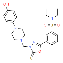 ChemSpider 2D Image | N,N-Diethyl-3-(4-{[4-(4-hydroxyphenyl)-1-piperazinyl]methyl}-5-thioxo-4,5-dihydro-1,3,4-oxadiazol-2-yl)benzenesulfonamide | C23H29N5O4S2