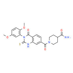 ChemSpider 2D Image | 1-{[3-(2,5-Dimethoxyphenyl)-4-oxo-2-thioxo-1,2,3,4-tetrahydro-7-quinazolinyl]carbonyl}-4-piperidinecarboxamide | C23H24N4O5S