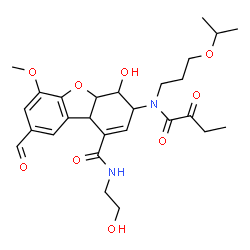 ChemSpider 2D Image | 8-Formyl-4-hydroxy-N-(2-hydroxyethyl)-3-[(3-isopropoxypropyl)(2-oxobutanoyl)amino]-6-methoxy-3,4,4a,9b-tetrahydrodibenzo[b,d]furan-1-carboxamide | C27H36N2O9