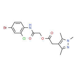 ChemSpider 2D Image | 2-[(4-Bromo-2-chlorophenyl)amino]-2-oxoethyl (1,3,5-trimethyl-1H-pyrazol-4-yl)acetate | C16H17BrClN3O3