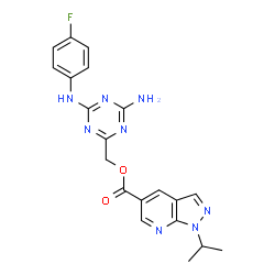 ChemSpider 2D Image | {4-Amino-6-[(4-fluorophenyl)amino]-1,3,5-triazin-2-yl}methyl 1-isopropyl-1H-pyrazolo[3,4-b]pyridine-5-carboxylate | C20H19FN8O2
