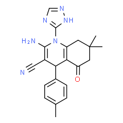 ChemSpider 2D Image | 2-Amino-7,7-dimethyl-4-(4-methylphenyl)-5-oxo-1-(1H-1,2,4-triazol-5-yl)-1,4,5,6,7,8-hexahydro-3-quinolinecarbonitrile | C21H22N6O