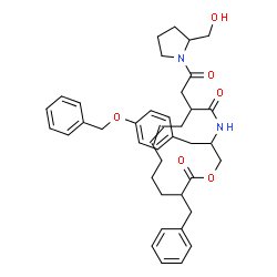 ChemSpider 2D Image | 13-Benzyl-3-[4-(benzyloxy)benzyl]-6-{2-[2-(hydroxymethyl)-1-pyrrolidinyl]-2-oxoethyl}-1-oxa-4-azacyclotetradec-8-ene-5,14-dione | C40H48N2O6