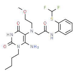ChemSpider 2D Image | N~2~-(6-Amino-1-butyl-2,4-dioxo-1,2,3,4-tetrahydro-5-pyrimidinyl)-N-{2-[(difluoromethyl)sulfanyl]phenyl}-N~2~-(2-methoxyethyl)glycinamide | C20H27F2N5O4S