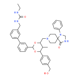 ChemSpider 2D Image | 1-Ethyl-3-[(3'-{4-[4-(hydroxymethyl)phenyl]-5-methyl-6-[(4-oxo-1-phenyl-1,3,8-triazaspiro[4.5]dec-8-yl)methyl]-1,3-dioxan-2-yl}-3-biphenylyl)methyl]urea | C42H49N5O5